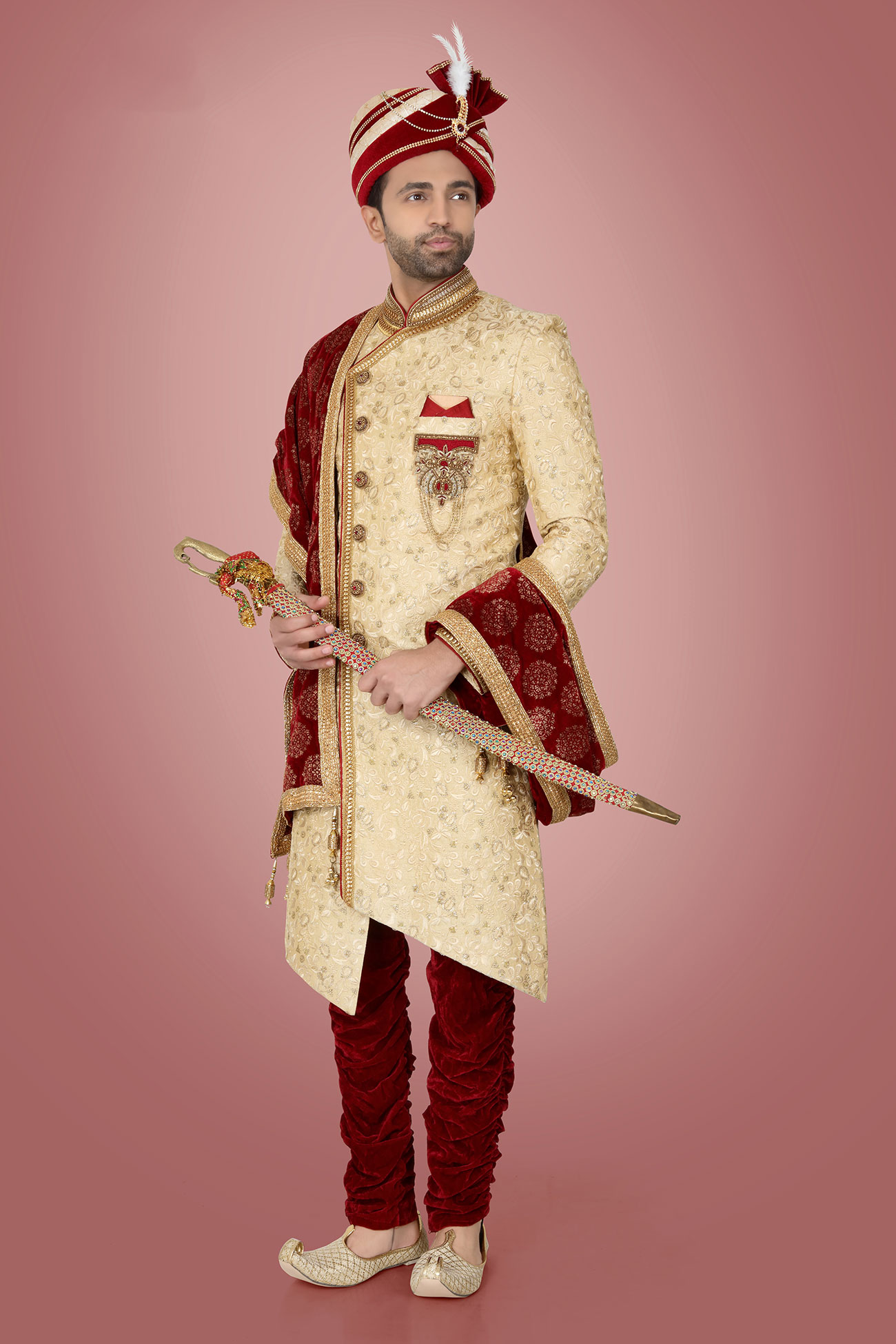 Butter Gold Zari & Resham Work Malbari Silk Sherwani E-1030