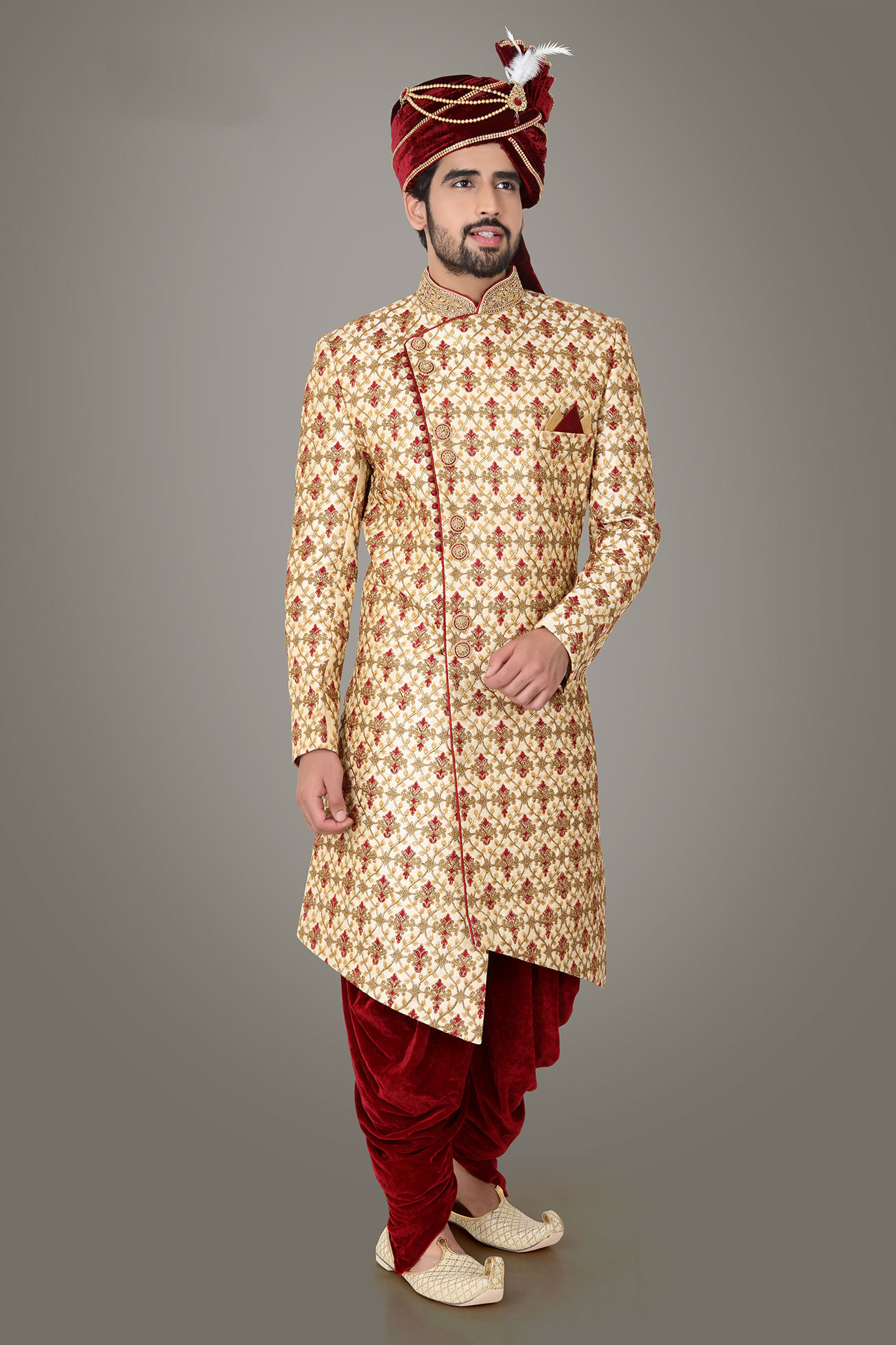 Gold Zari Thread Embroidery Malbari Silk Sherwani E-1034