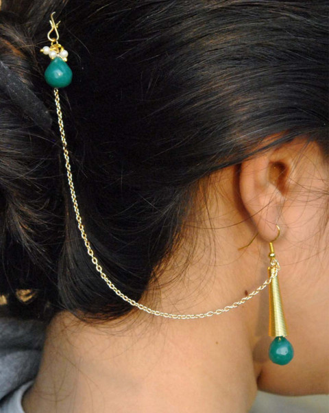 Green Dangling Earring with hair Chain