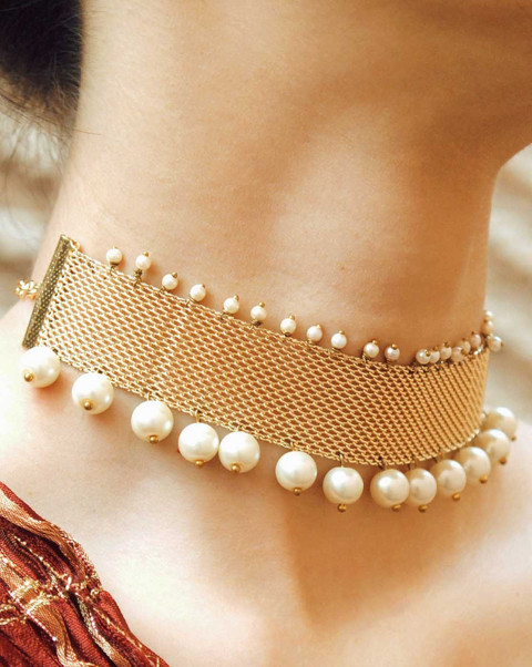 Gold Mesh and Pearl Choker Necklace