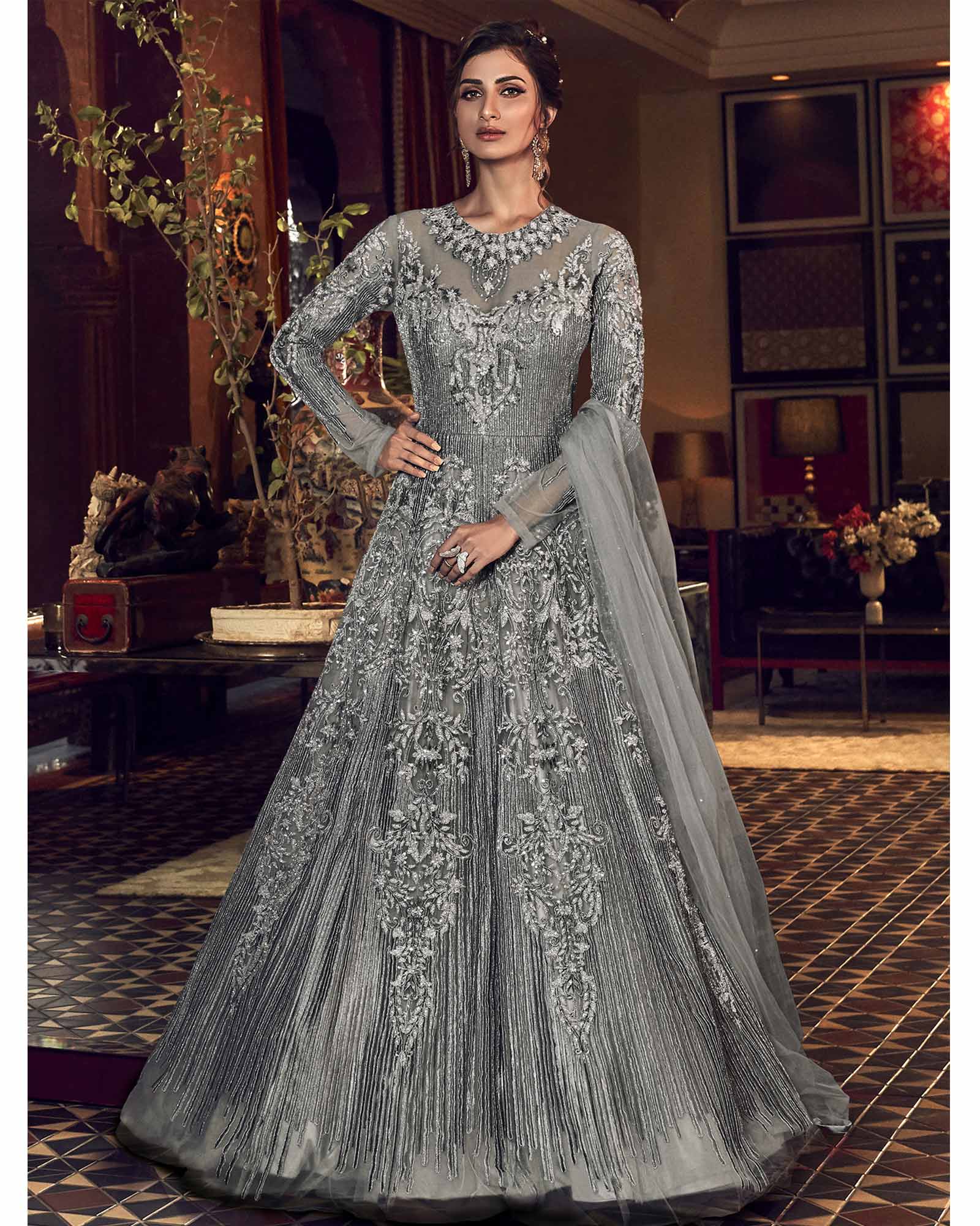 Grey Designer Semi Stitched Salwar Suit with Dupatta 