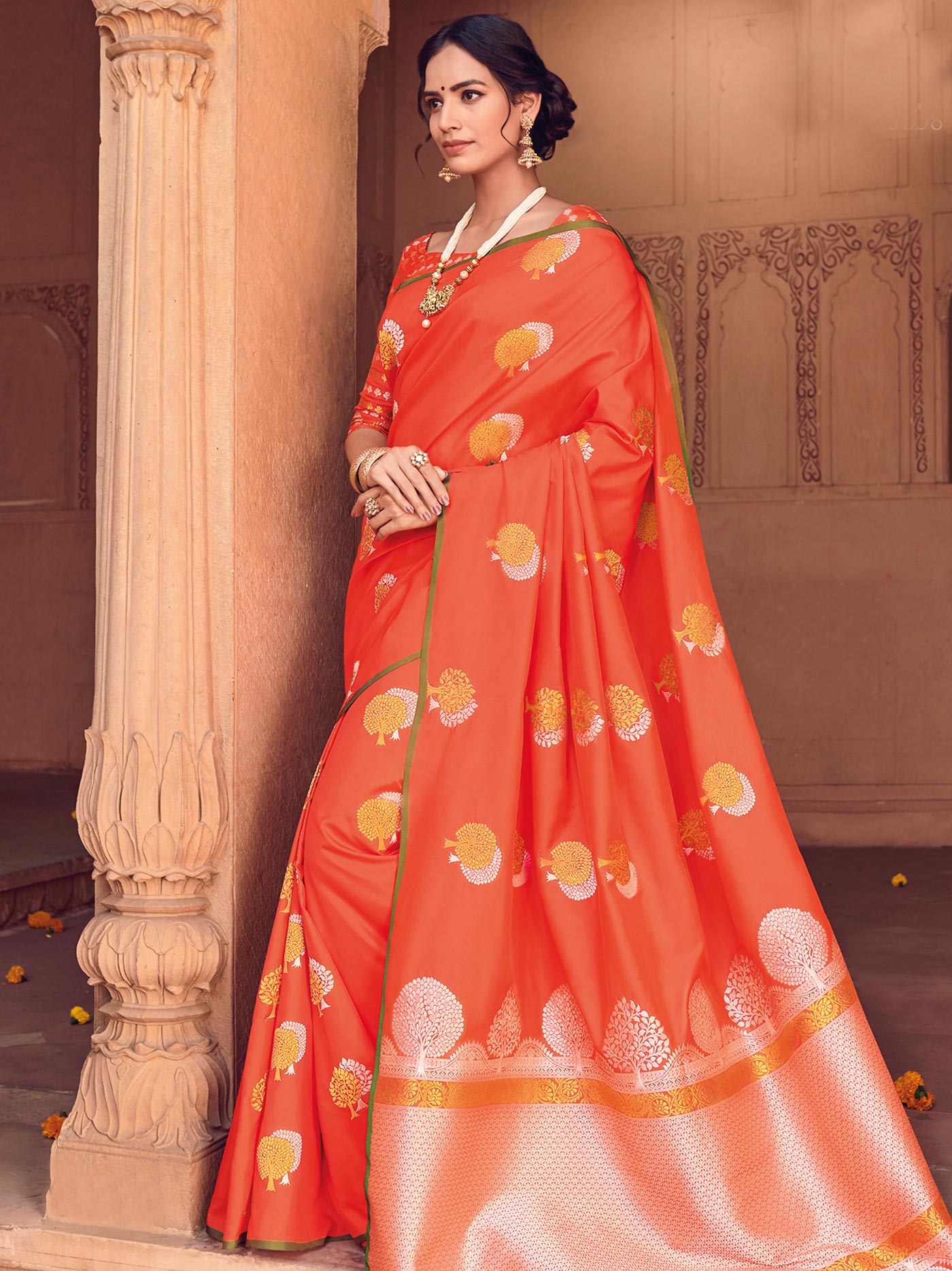 Orange Banarasi Silk Jacquard Saree