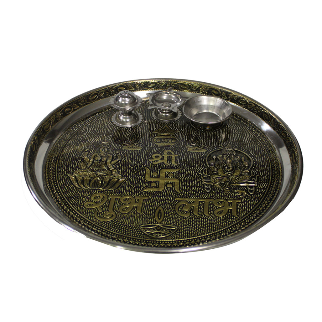 Pooja Thali Laxmi Ganesh Copper Oxidised (11*11 Inch)