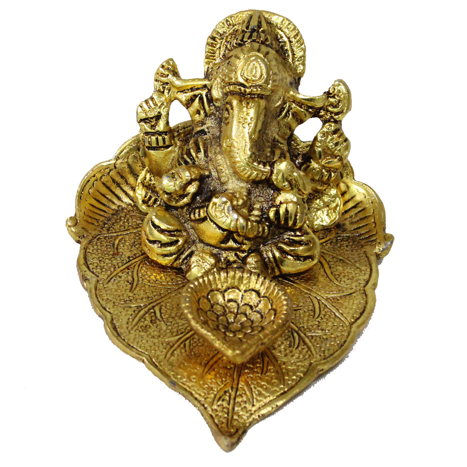 Metal Gold Ganesha with Diya on Leaf