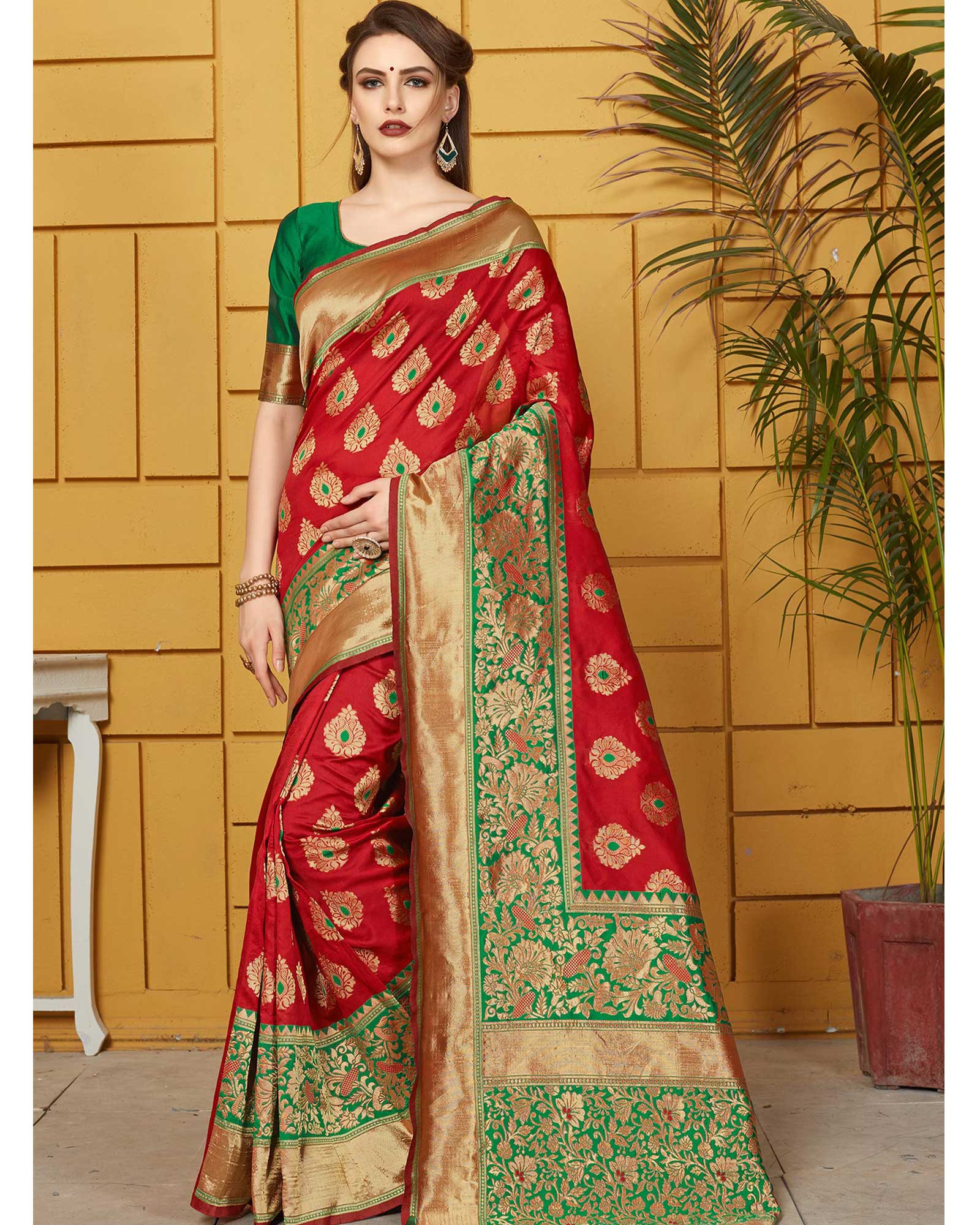 Red and Green Woven Silk Saree