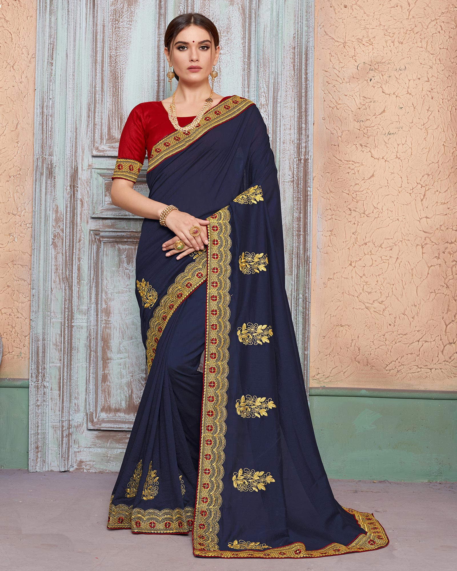 Navy Blue Color Vichitra Silk Embroidered Border Work Saree