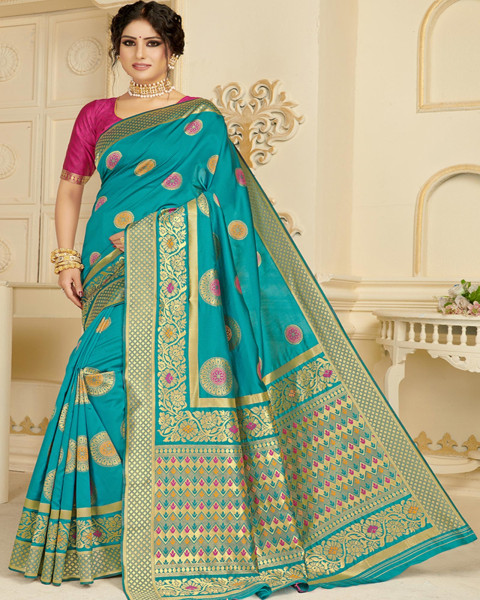 Turquoise color Silk Blend Woven Traditonal Saree