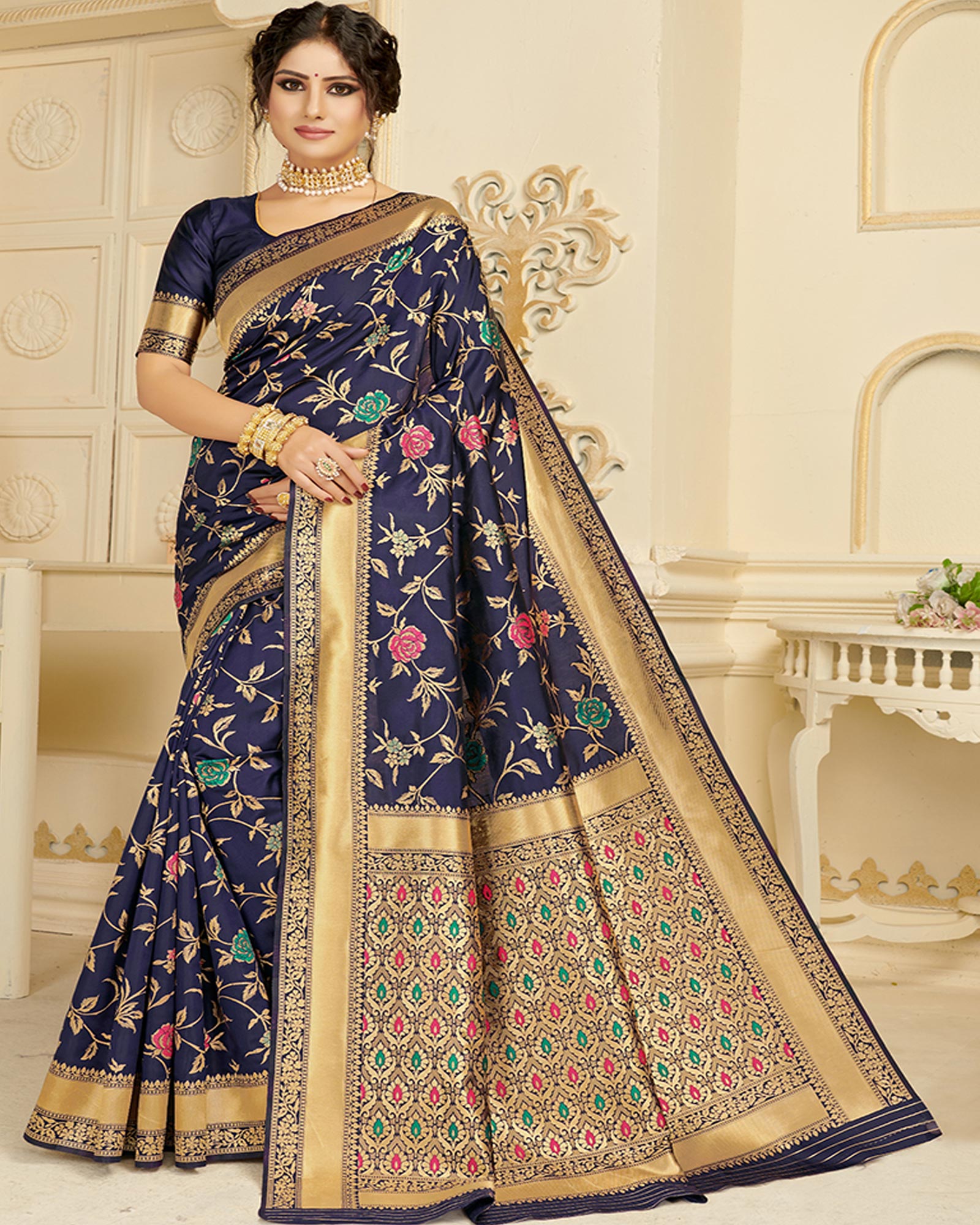 Navy blue color Silk Blend Woven Saree