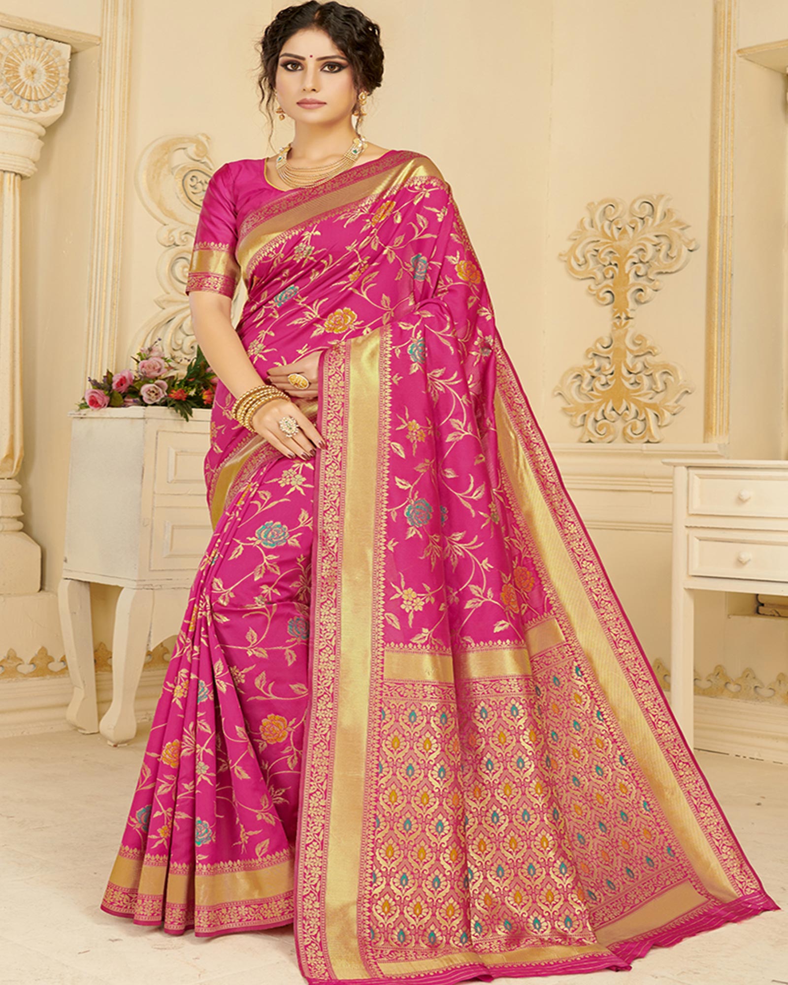Magenta color Silk Blend Woven Saree