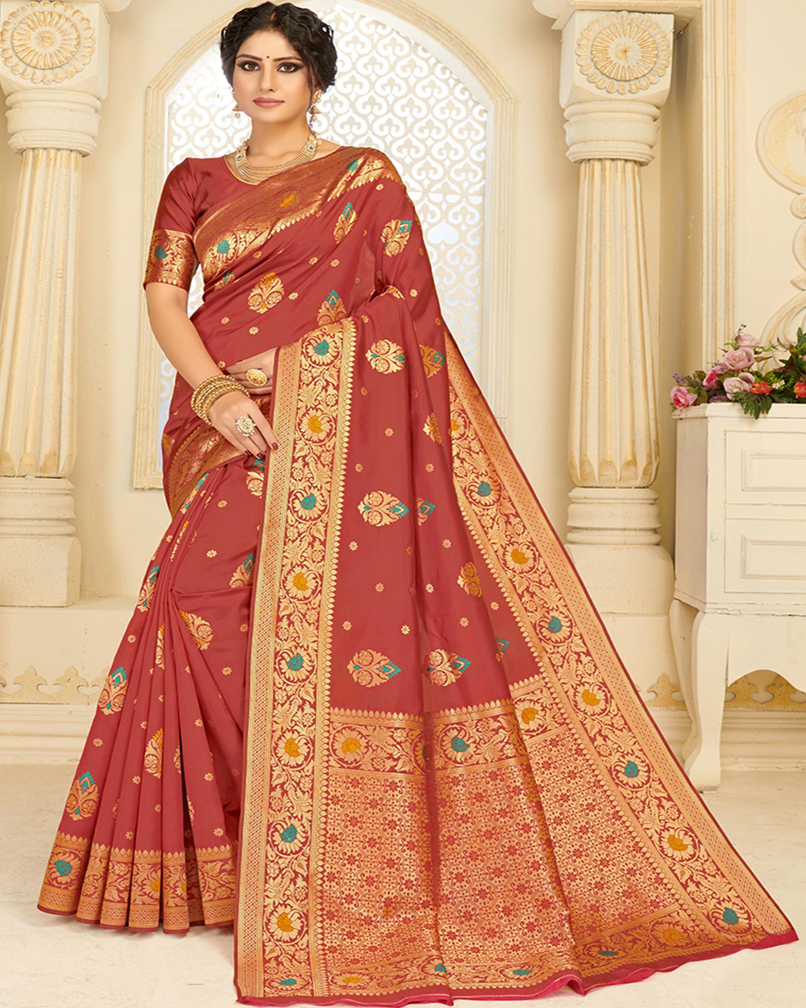 Crimson color Silk Blend Woven Traditonal Saree