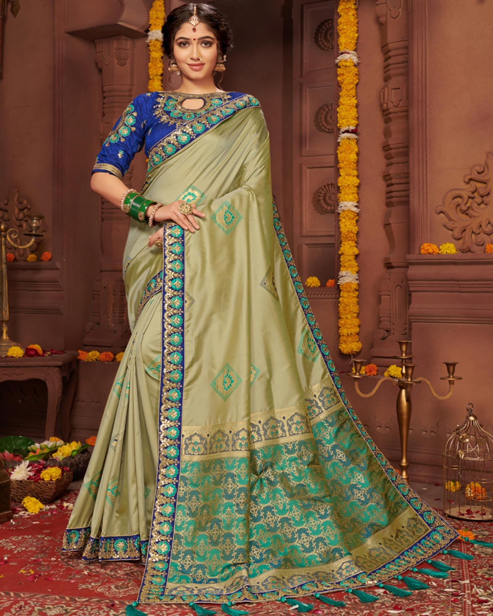 Immersive Olive Green Color Organza With Mirror Work Party Wear Saree