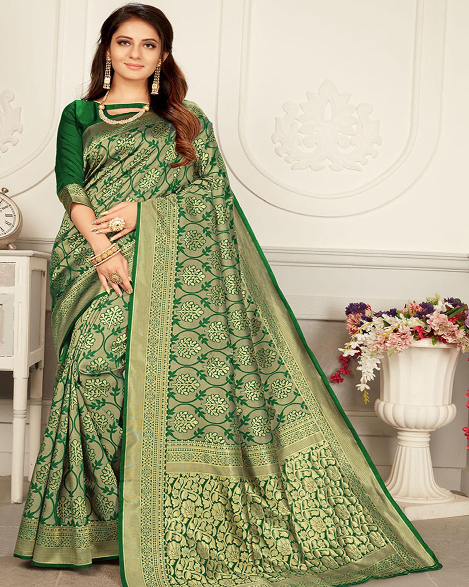 Green and Gold color Woven Silk Tradtional saree