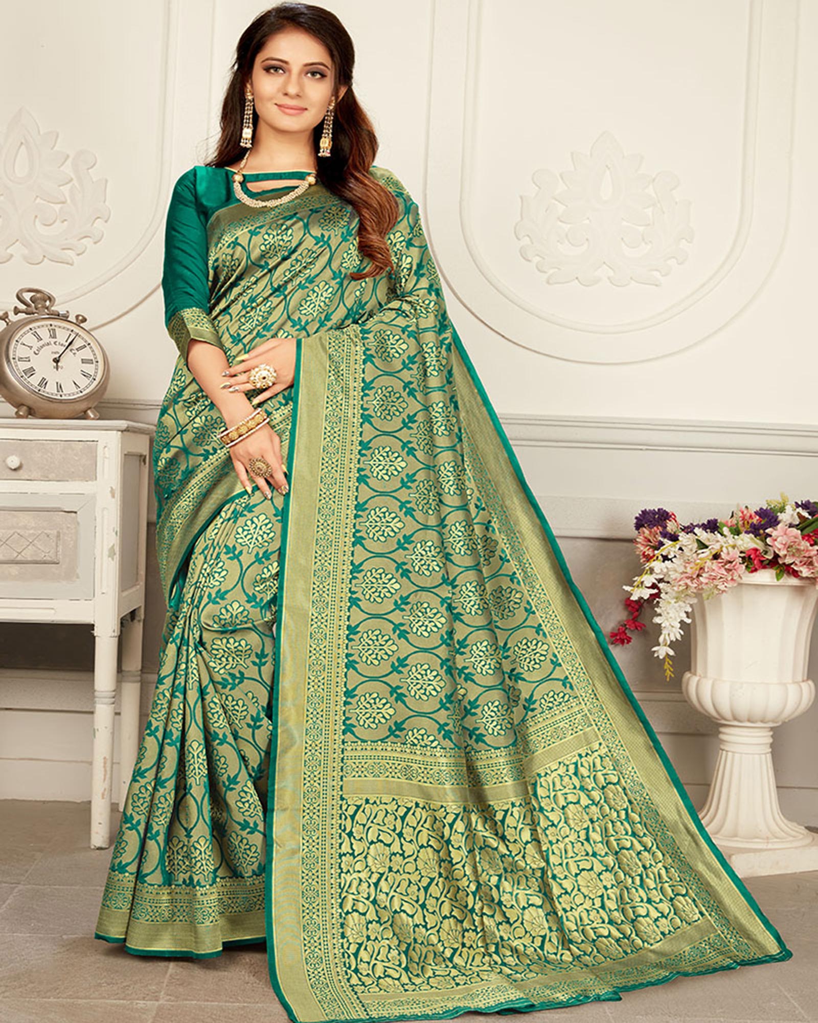 Teal and Gold color Woven Silk Tradtional saree