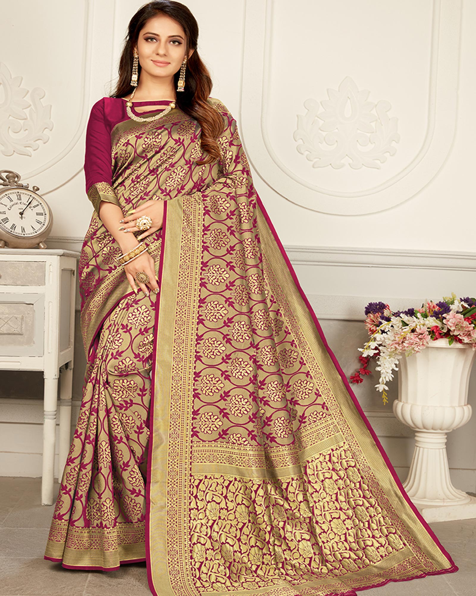 Magenta and Gold color Woven Silk Tradtional saree