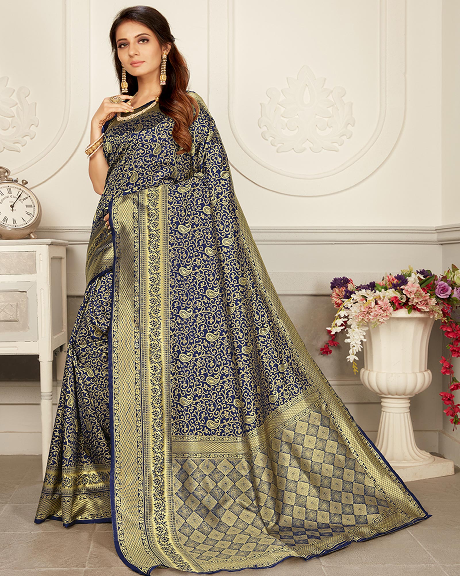 Navy blue and Gold color Woven Silk saree