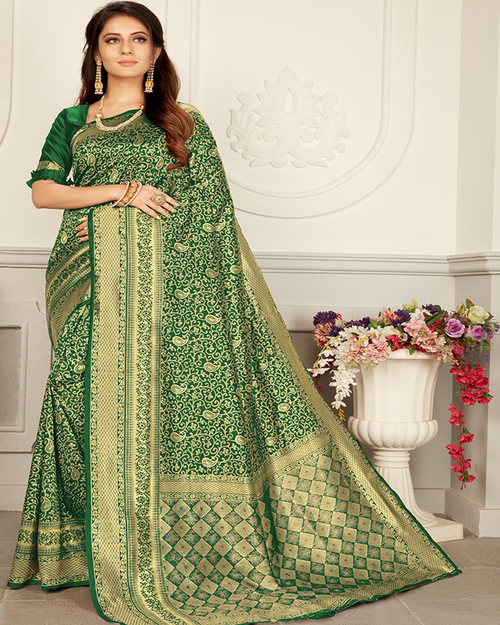 Green and Gold color Woven Silk saree