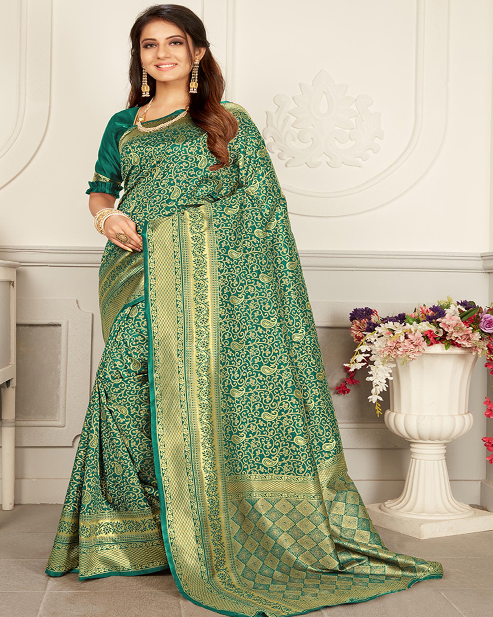 Teal and Gold color Woven Silk saree