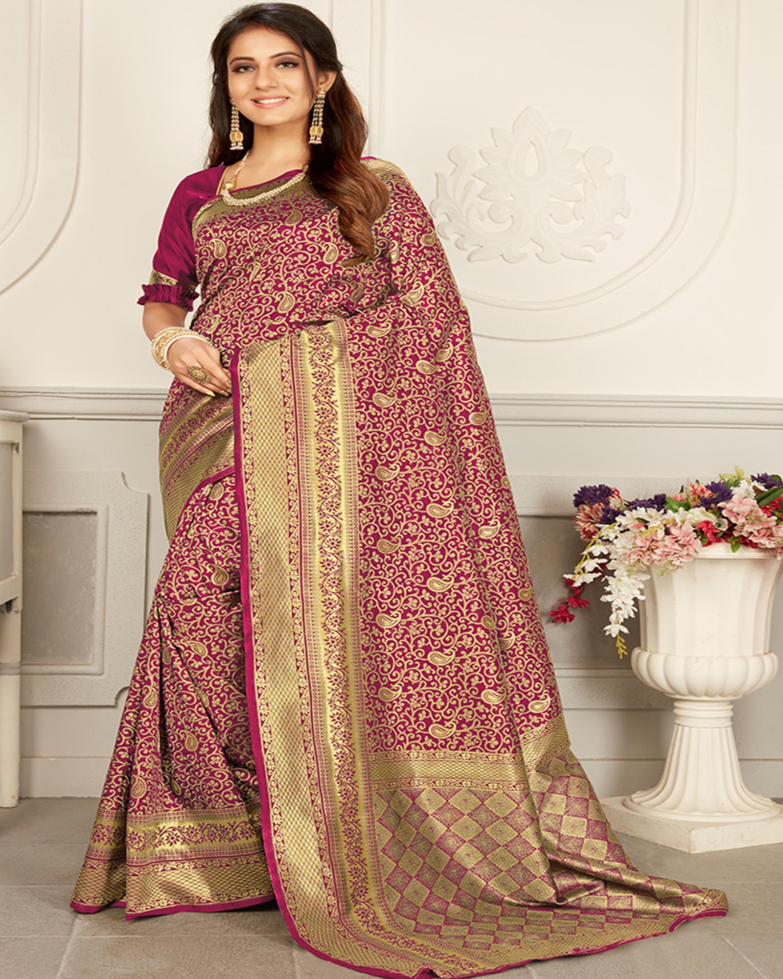 Magenta and Gold color Woven Silk saree