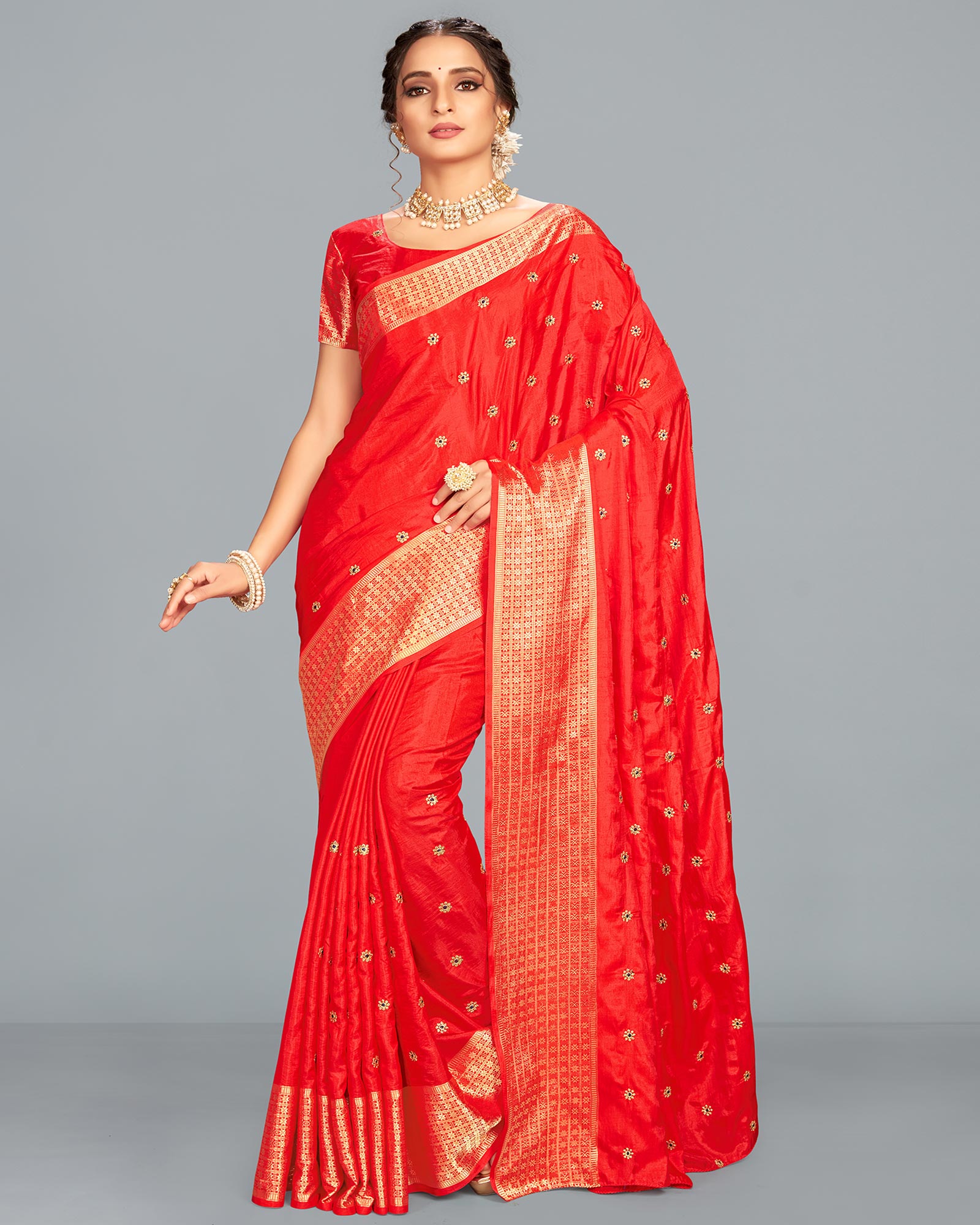 Red color Sana Silk Embroidered Festival Saree