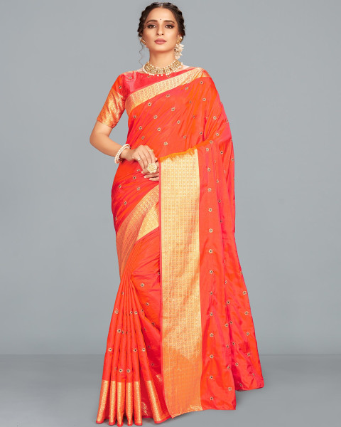 Orange color Sana Silk Embroidered Festival Saree