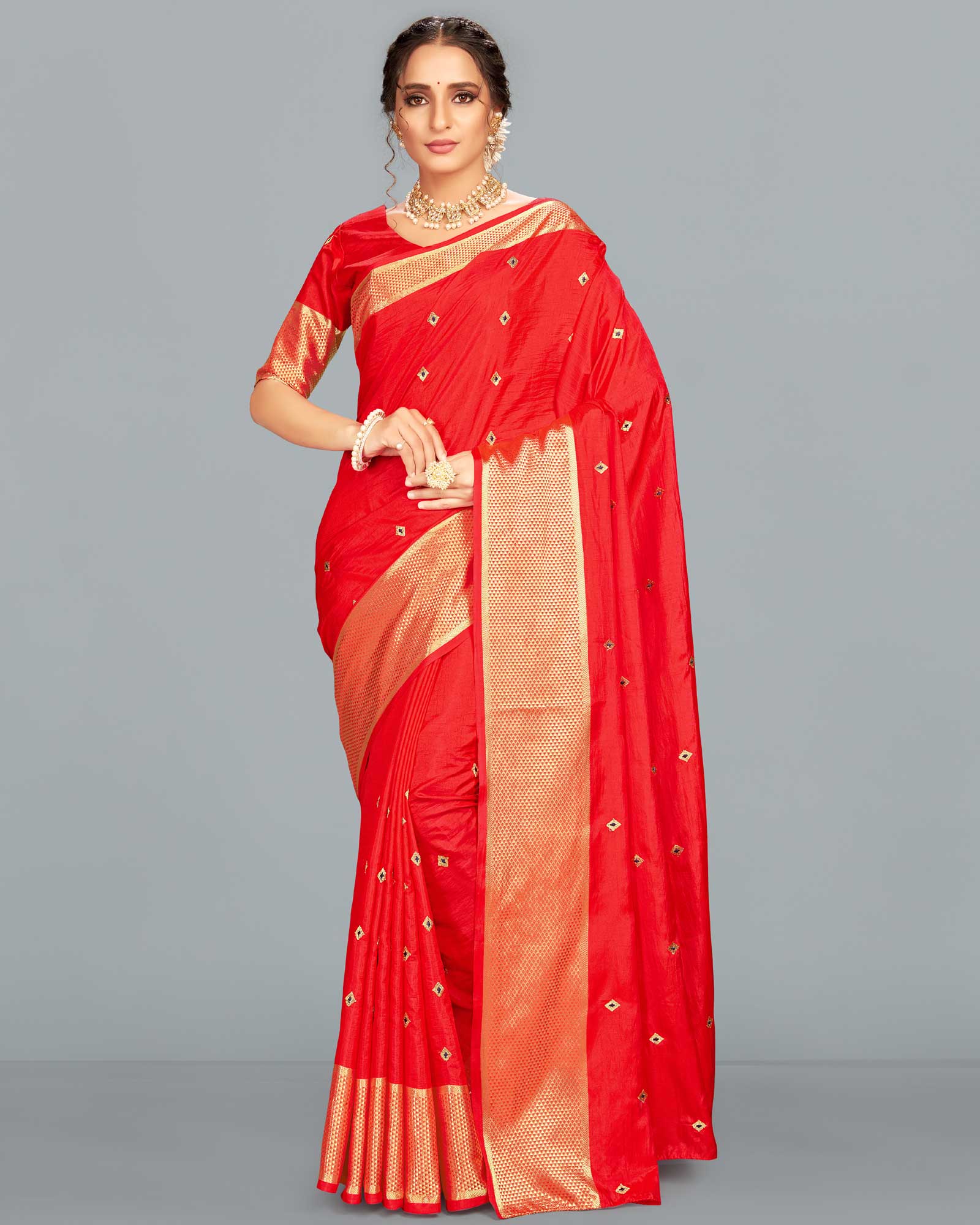 Red color Sana Silk Embroidered Saree with blouse