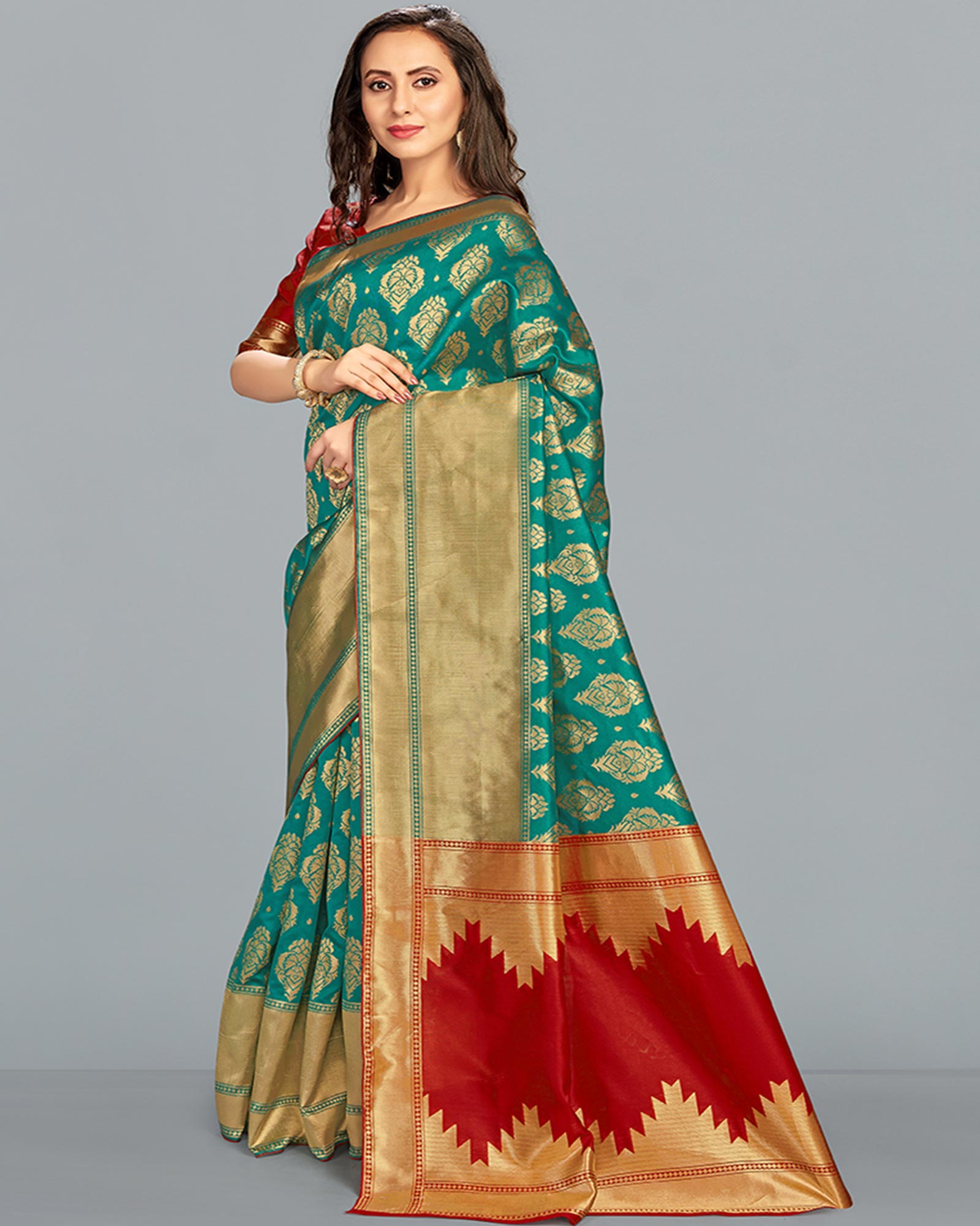 Teal Color Banarasi Silk Traditional Saree With Blouse