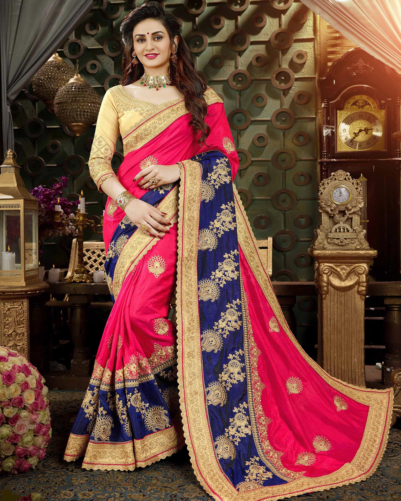 Pink and Navy Blue colored Embroidered Art Silk Saree