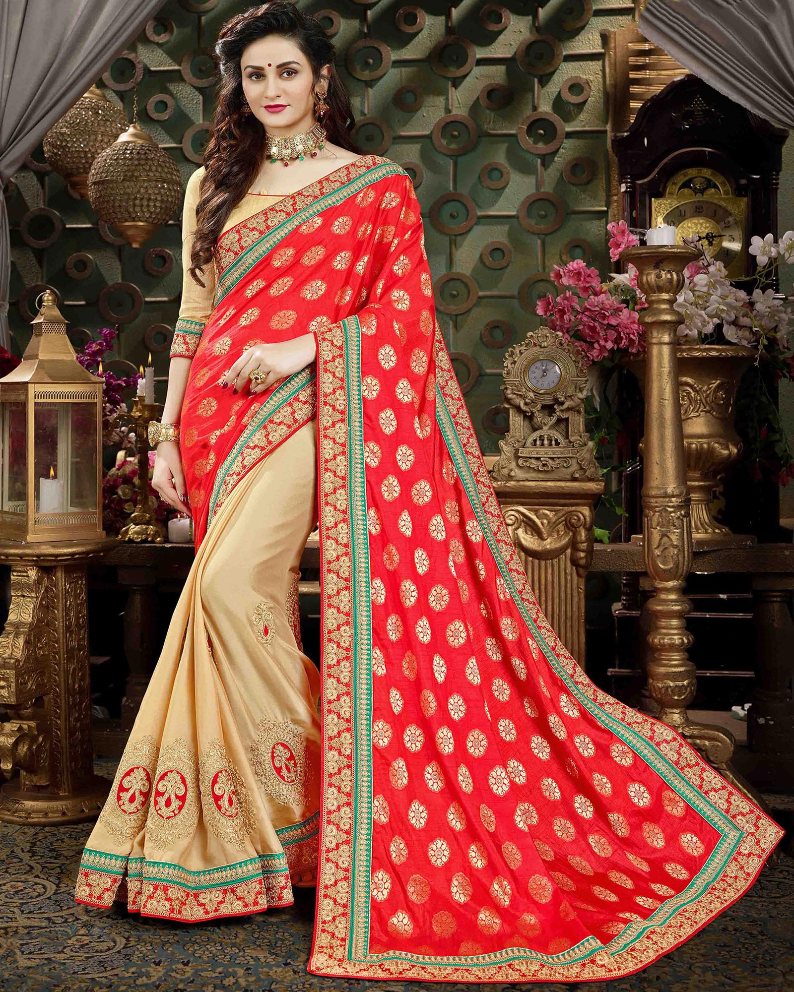 Teal And Beige Colored Embroidered Art Silk Saree