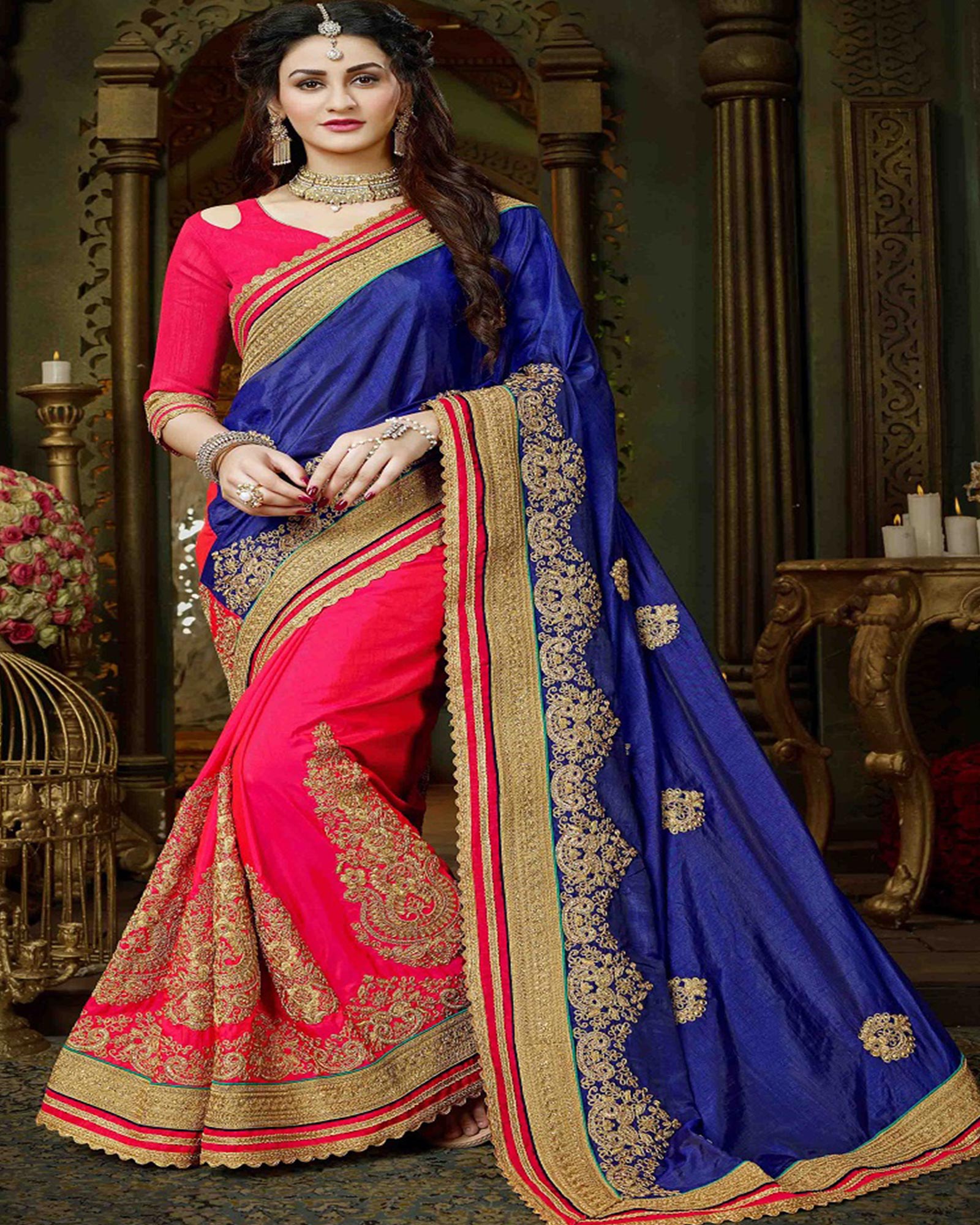 Navy Blue and Hot Pink colored Embroidered Art Silk Saree