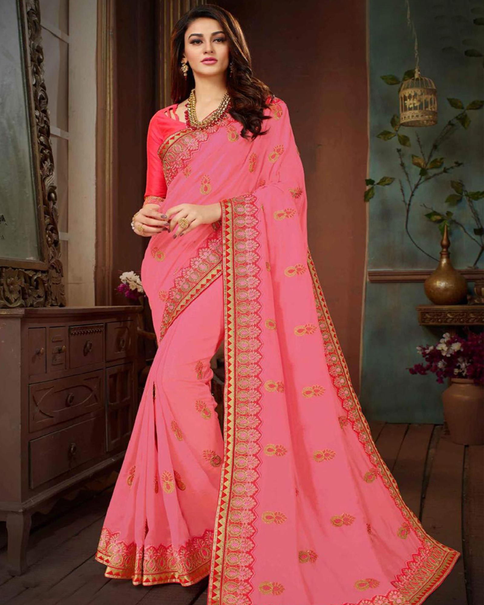 Pink Embroidered Silk Designer Saree 