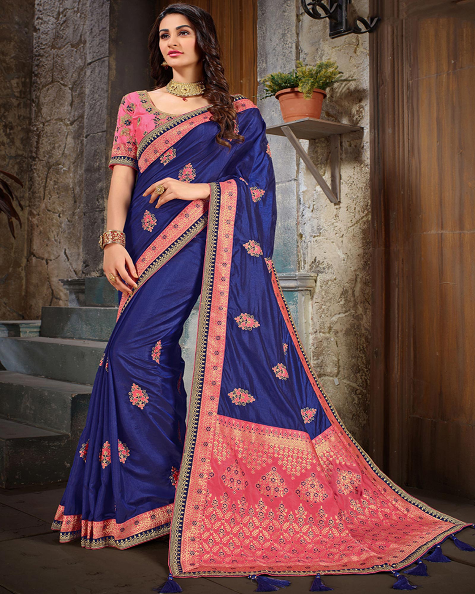 Navy Blue Color Embroidered Art Silk Saree
