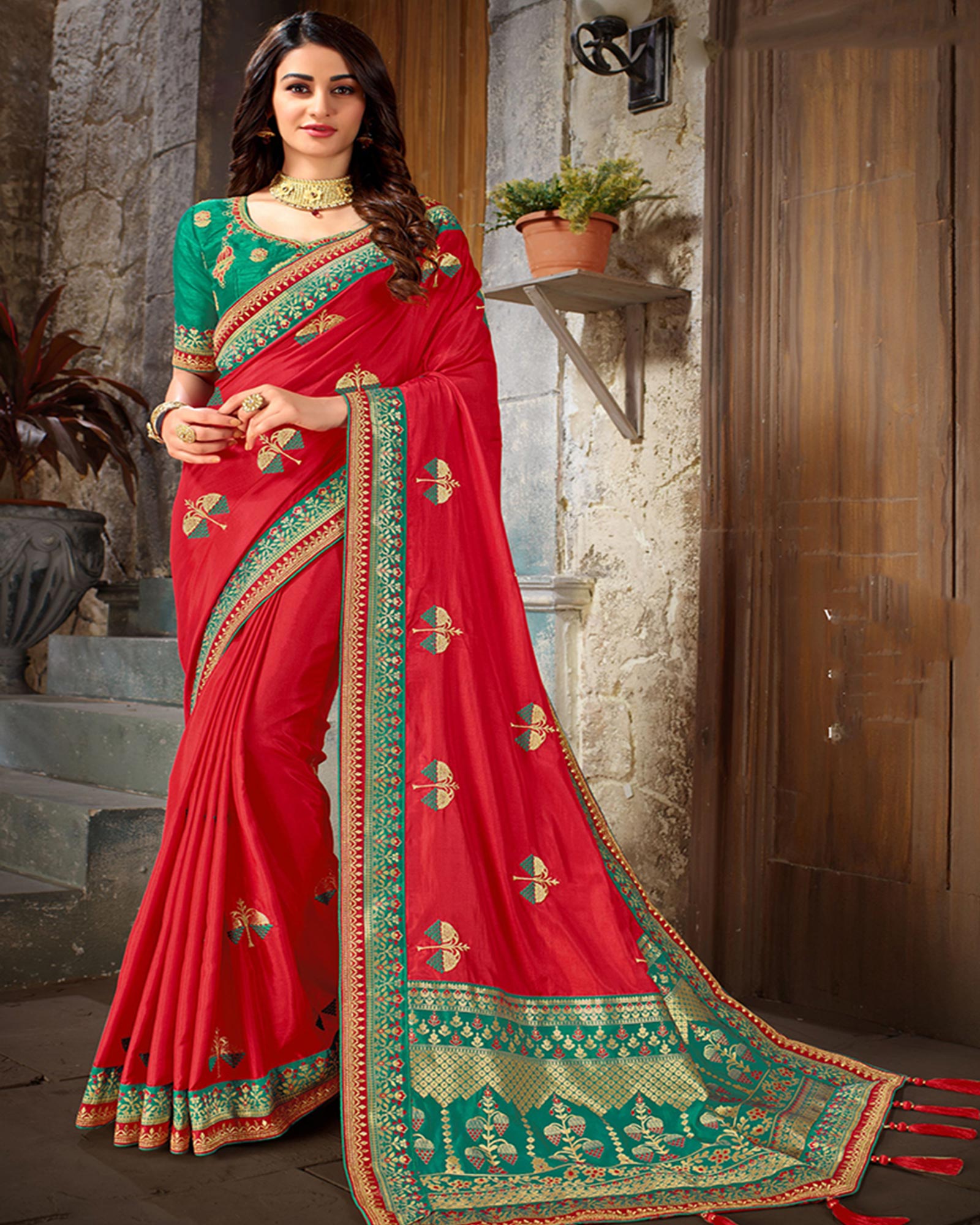 Jazzy Red Colored Embroidered Festive Wear Art Silk Saree