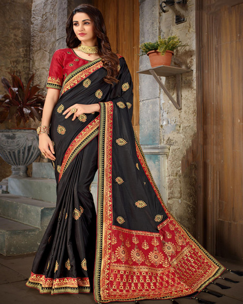 Black and Red Embroidered Art Silk Saree 
