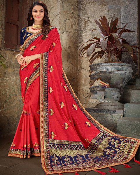 Red And Blue Embroidered Art Silk Festival Saree