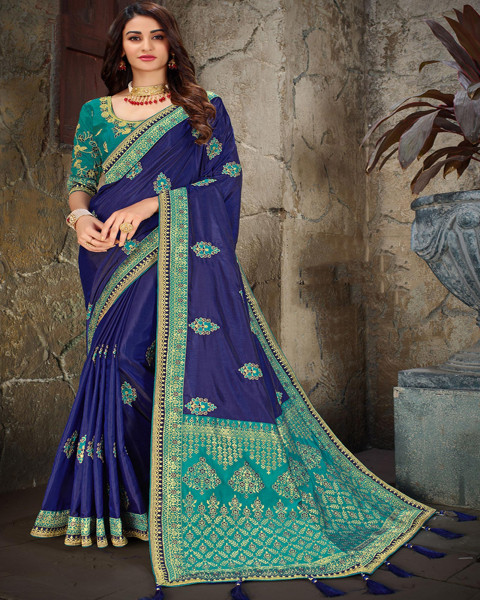 Blue Colored Partywear Embroidered Art Silk Saree 