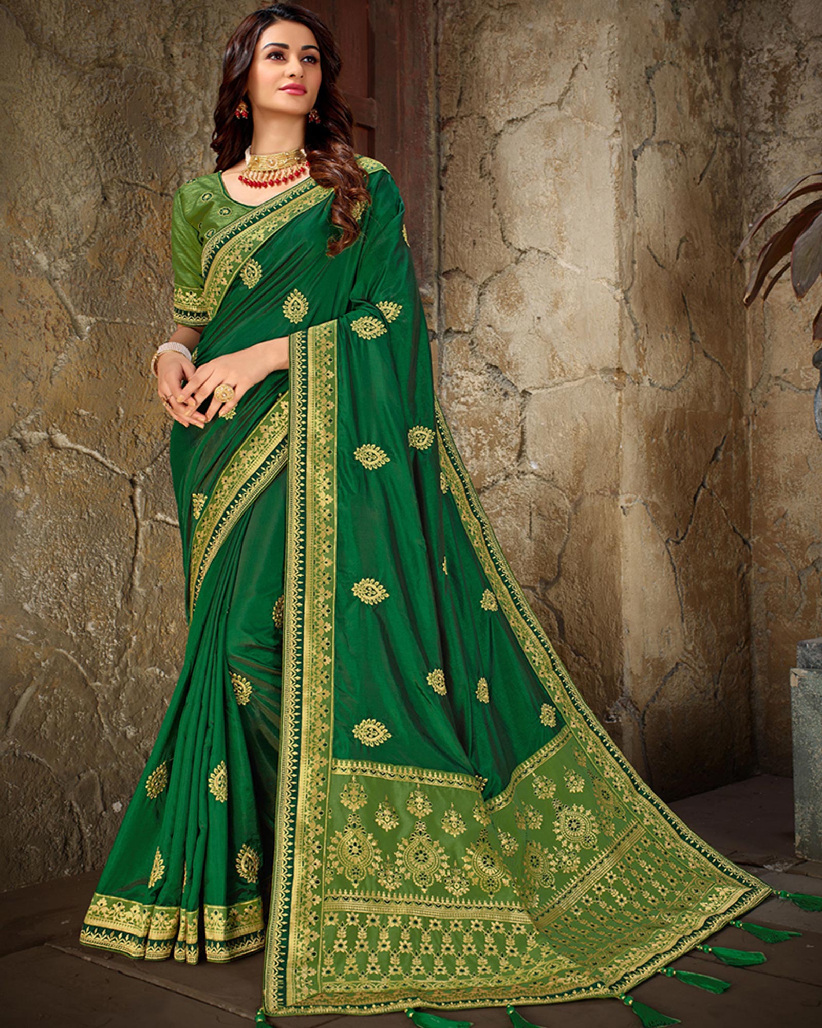 Lovely Green Colored Embroidered  Art Silk Jacquard Saree