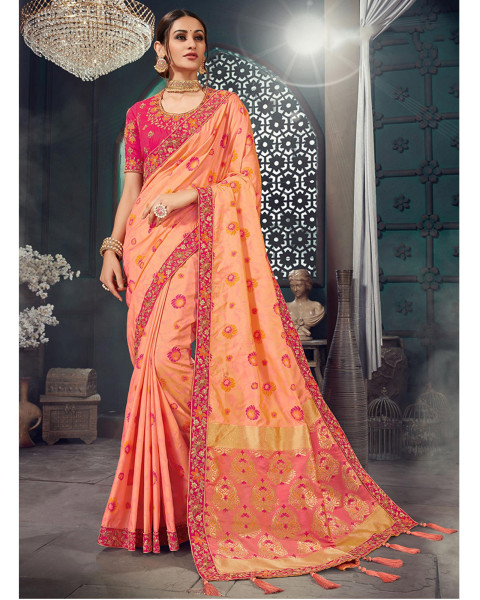Peach Color Bhagalpuri Silk Jacquard Traditional Saree