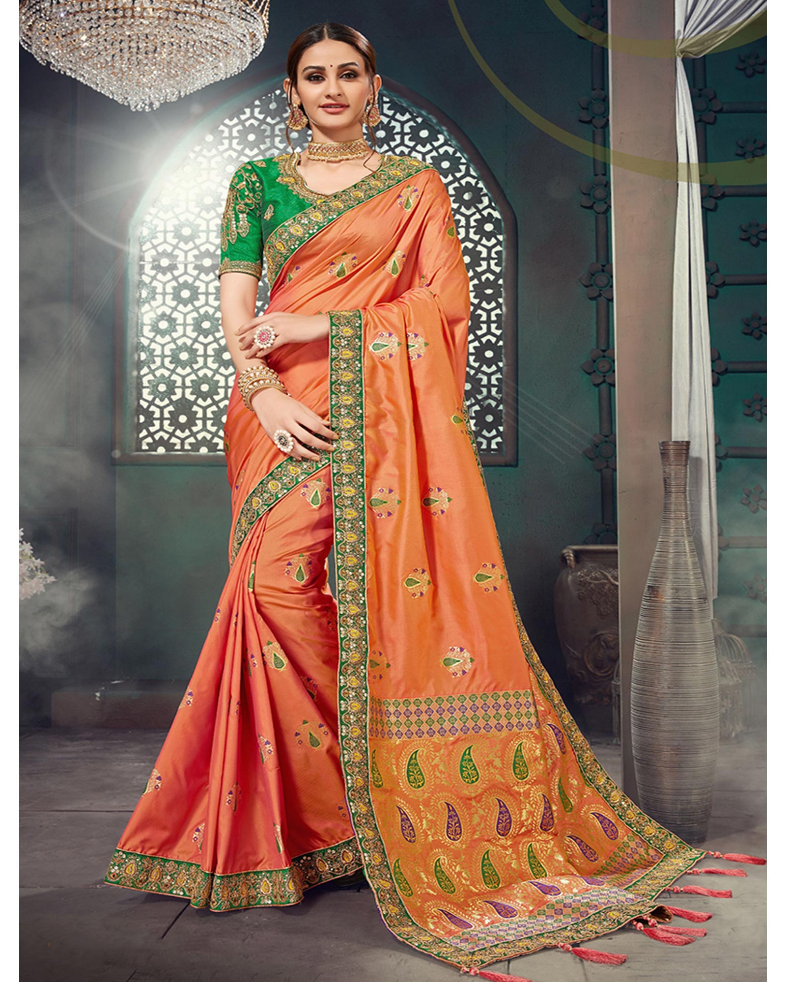 Light Orange Embroidered Border Bhagalpuri Silk saree