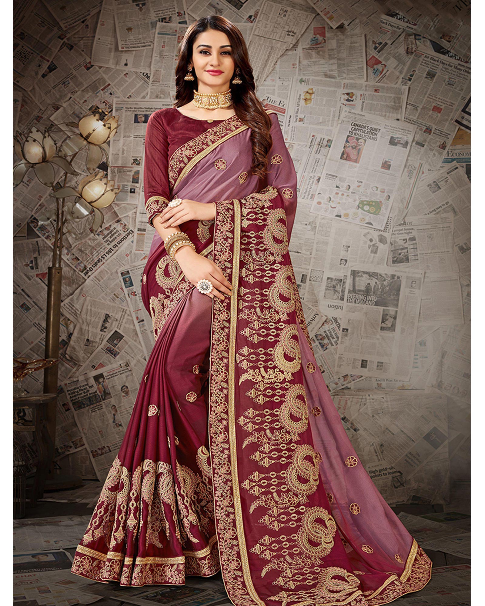 Maroon Color Embroidered Moss Chiffon Festival Saree