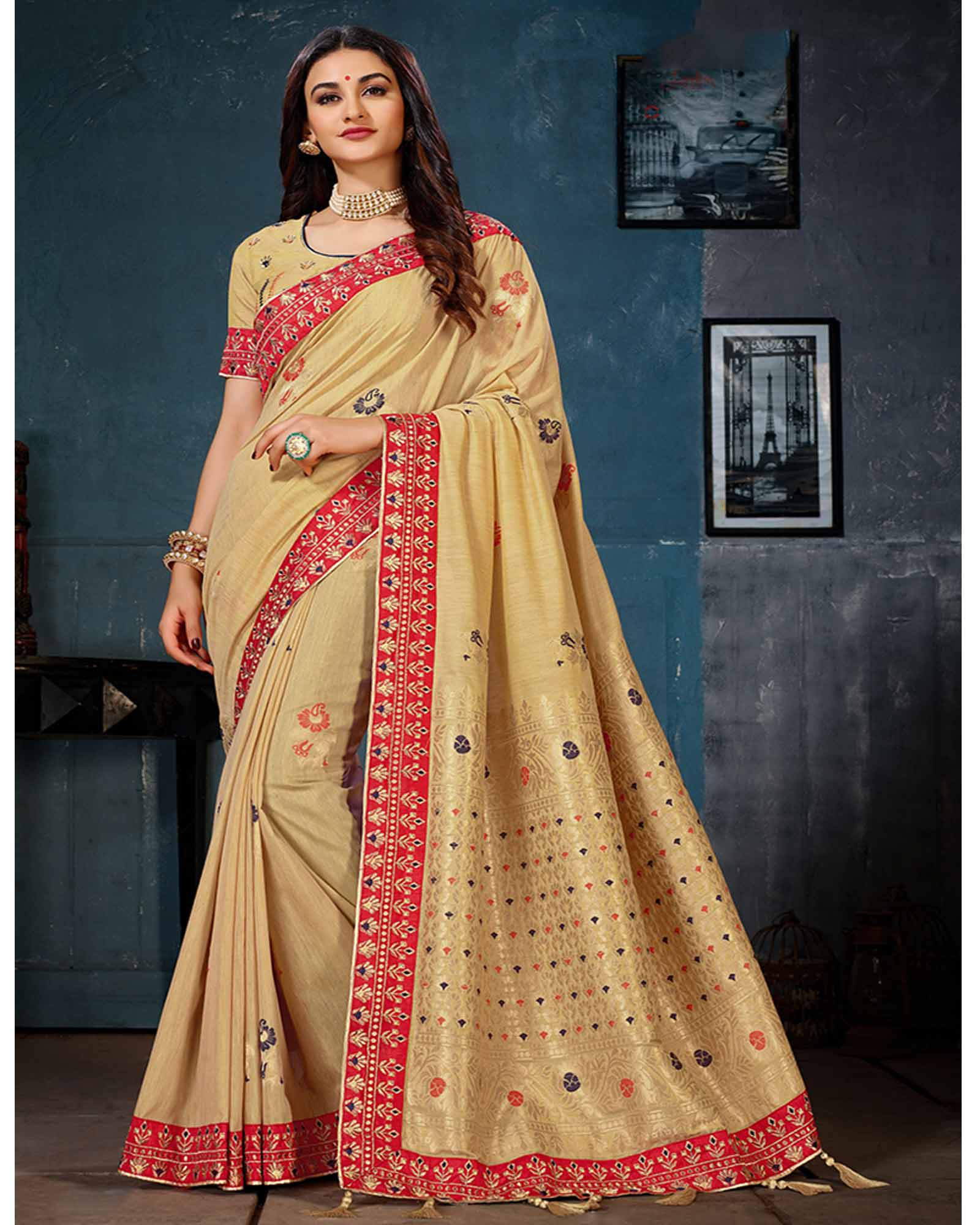 Cream Cotton Linen Designer Saree