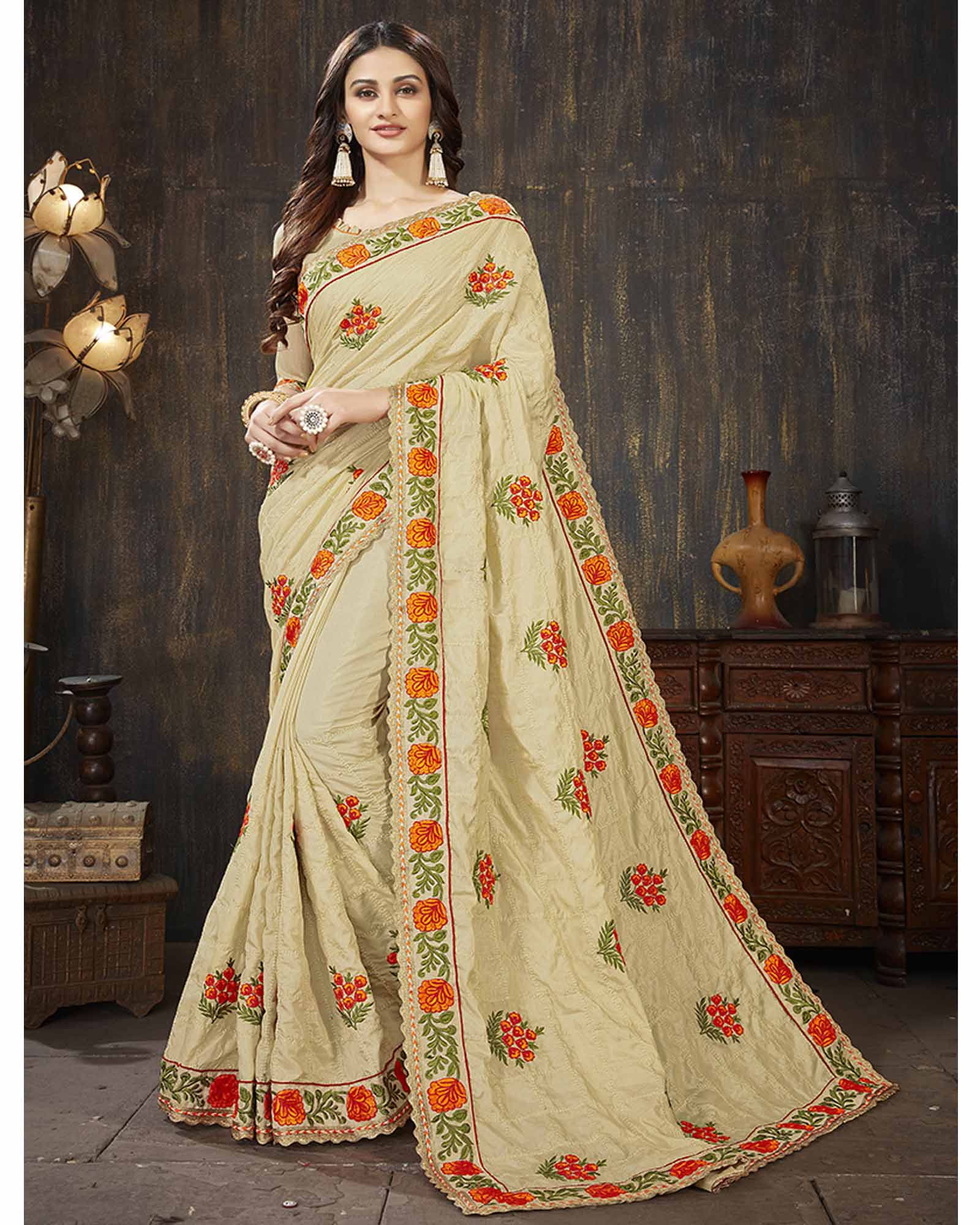 Beige Color Art Silk Embroidered Festival Wear Saree