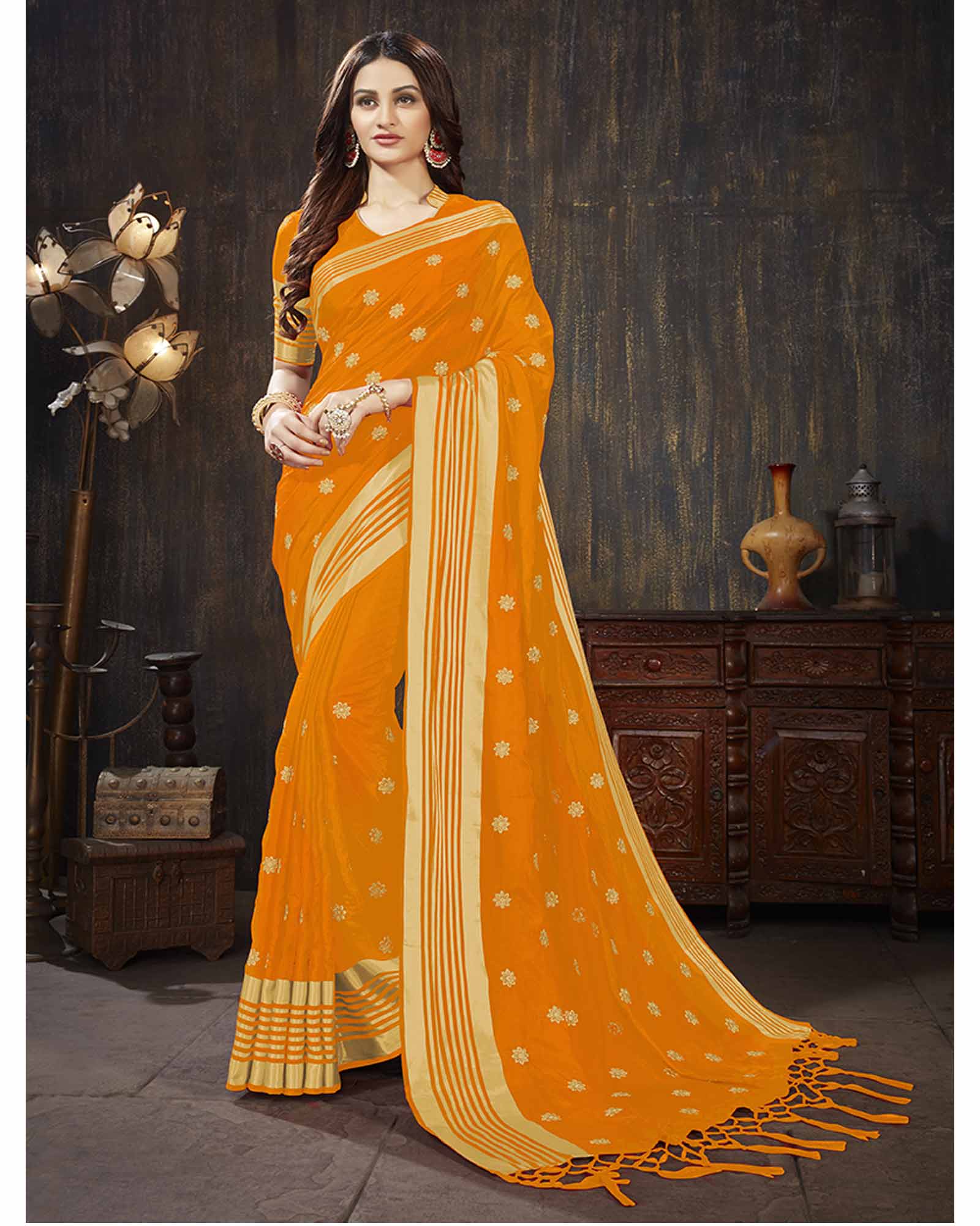 Orange Color Art Silk Embroidered Festival Wear Saree