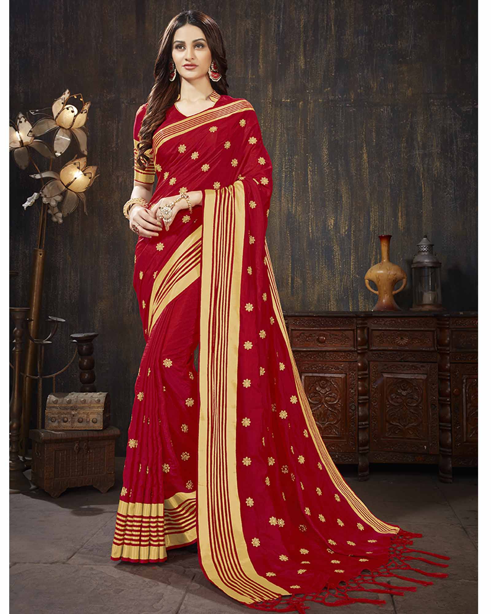 Scarlet Red Color Art Silk Embroidered Festival Wear Saree