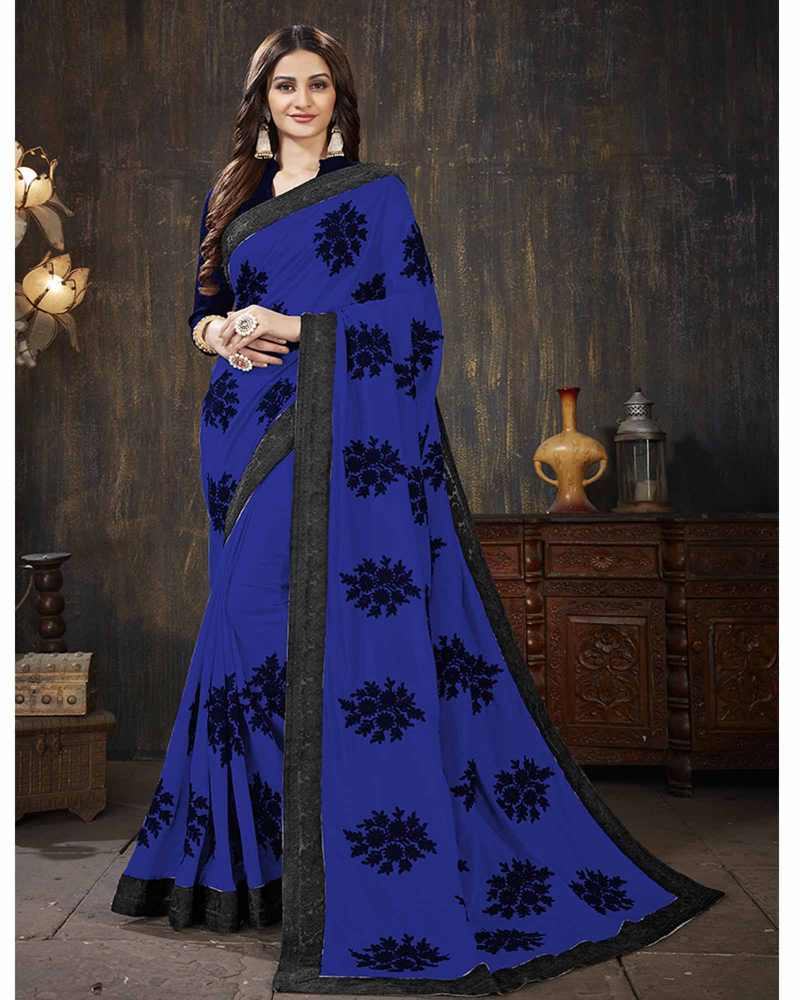 Navy blue Color Georgette Embroidered Festival Wear Saree