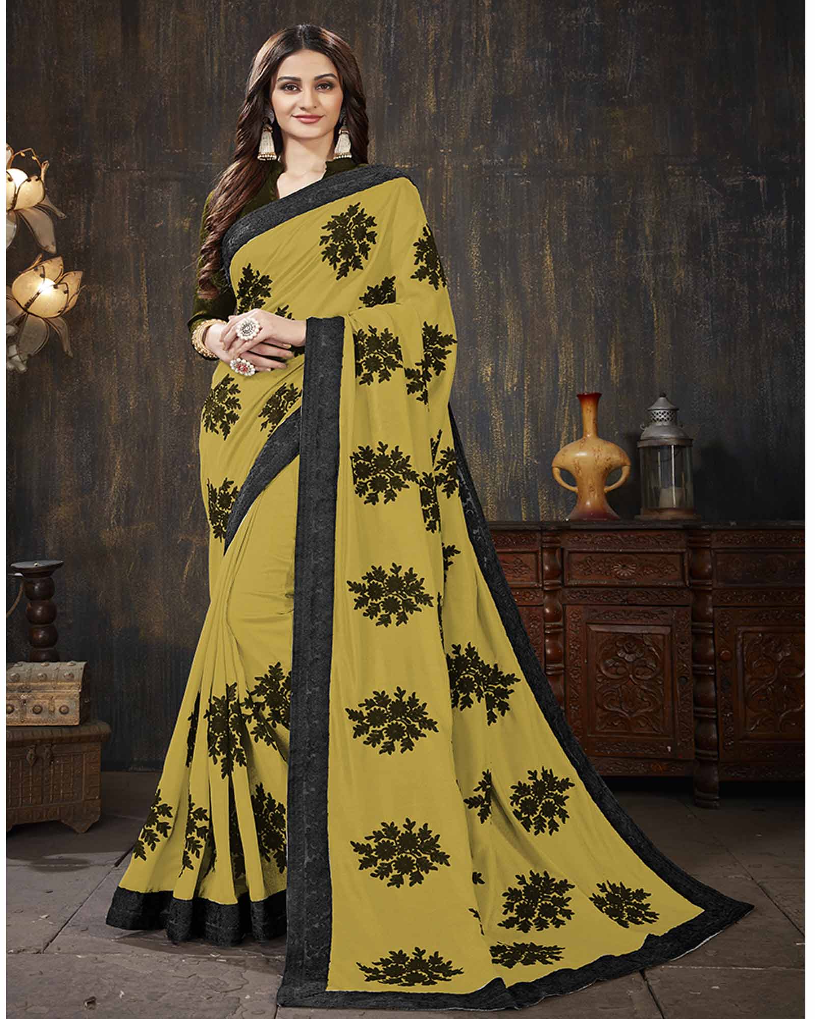 Olive Green Color Georgette Embroidered Festival Wear Saree