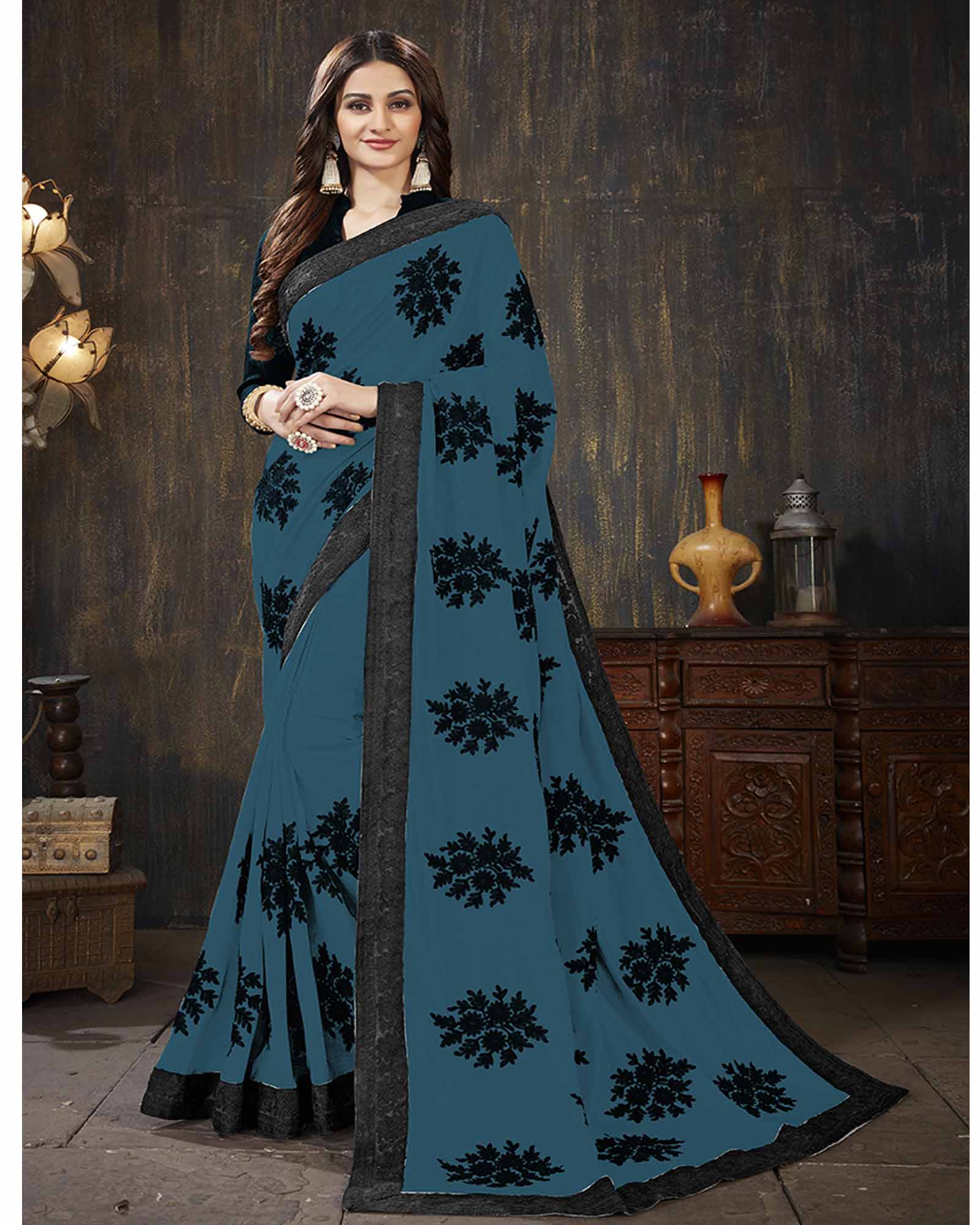 Aqua Blue Color Georgette Embroidered Festival Wear Saree