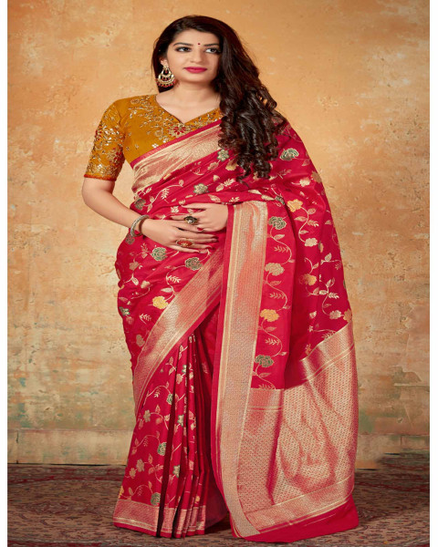 Red Color Woven Saree With Embroidered Blouse