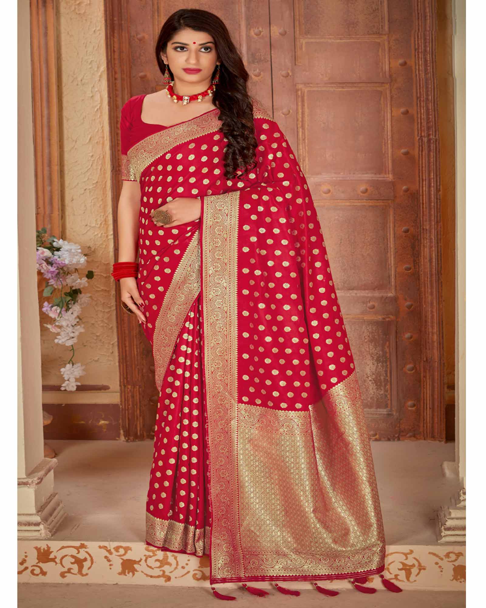 Scarlet red Color Woven Banarasi Satin Saree