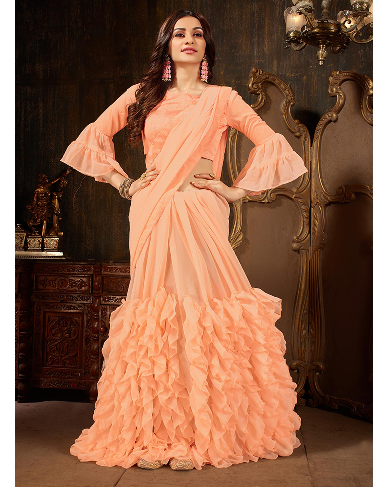 Peach Georgette Ruffled Saree With Blouse