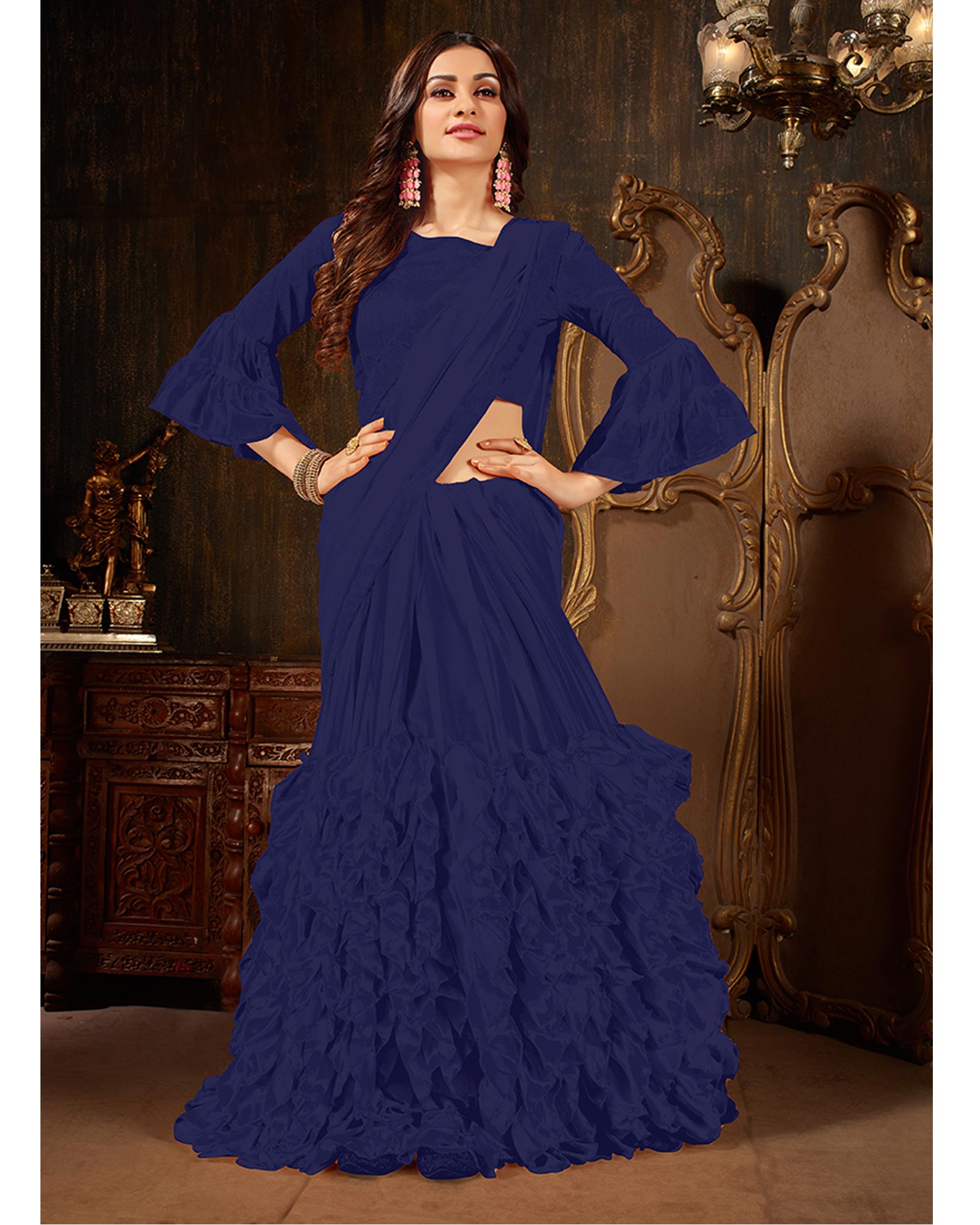 Navy Blue Color Georgette Ruffled Saree With Blouse
